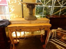 Marble top side table and Antique serving table top opens and has 4 leaves to extent for a party.