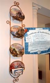 Thomas Kincade 4 pc oval plate series
1st issue "Guiding Lights" - "The Light of Peace"
5th issue "Guiding Lights" - "New Day Dawning"
10th issue "Guiding Lights" - "Simpler Times"
7th issue "Scenes of Serenity" - "Ashley's Cottage"
