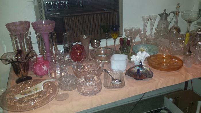 antique and vintage glass ware, pair pink lustres, carnival glass etc
