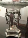 Silver plated center piece with birds holding chains, lg glass bowl and claw feet