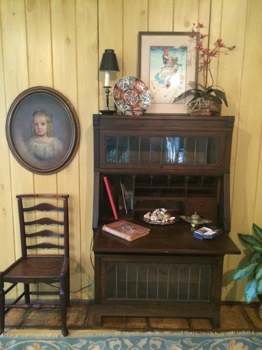 Antique davenport and another oval painting portrait