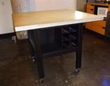 Custom Made Industrial Style Rolling Kitchen Island with Stone Top, Heavy Metal Base, Wine Rack, and Storage, Very Heavy, 41.75"T x 48"W x 48"D