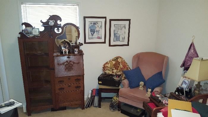 Victorian secretary/curio. Norman Rockwell framed print, parlor chair, electronics, & more. 