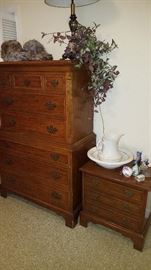 Pecan chest of drawers & bedside table part of set. 