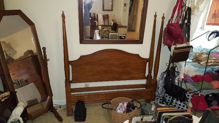 Pecan full size bed (part of set), full length mirror, clothing, & more. 