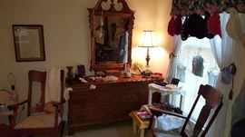 Pecan dresser/mirror (part of set), two rockers, and more 