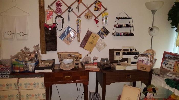 Singer sewing machines, storage bins, sewing items including buttons, thread, and much more. 