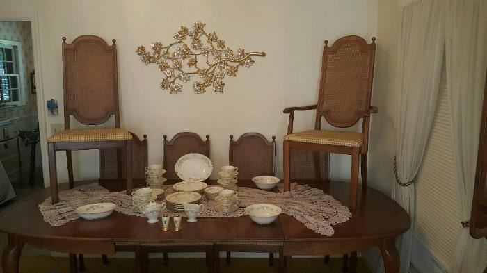 Dining table & 6 chairs (but table comfortably seats 10 with leaves), crocheted tablecloth, Georgian by Homer Laughlin china set, & more!