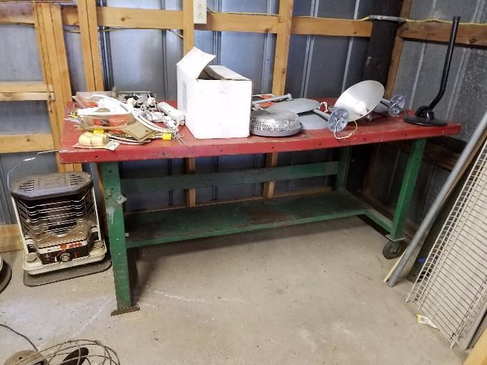 Metal shop table (from the Hawkinsville High School automotive shop), heaters, lights, & more. 