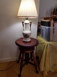Glass ball & claw piano stool & table lamp