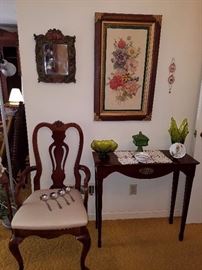 Beautiful arm chair, parlor table, green Viking glass, Occupied Japan cup/saucer, wedding box, framed print, & more. 