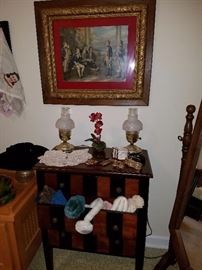 More beautiful framed art, small 3 drawer chest, small table lamps, gloves, hats, and more. 