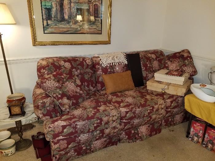 Another beautiful sofa, antique floor lamp, baseball cards (1980s-90s), small marble top end table, & more.
