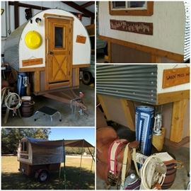 2010 Sheep Wagon pull behind camper completely decorated with a Western Theme. Front door & double back window. Pine floor, cedar trim. Twin bed, pull out table, & storage areas. Fully insulated. Stored indoors. 