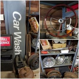 1967 Ford truck steering wheel, car wash signs, hubcaps, tail lights, and more!