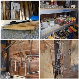 Shop items including various pieces of wood, hand tools, boxes of nails/screws, traps, and more. 