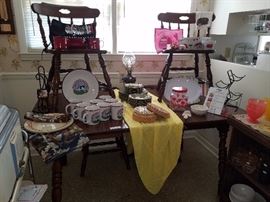 Kitchen table (with leaf) & four chairs, rolling kitchen carts, dishes, and more. 