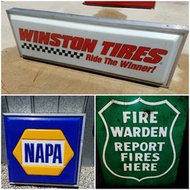 Signs including Winston Tires (2X6), Napa (3X3), and Fire Warden. One sided. 