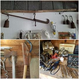 Antique cotton scales, hatchet, ax, power tools, etc.  