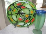 Signed Art Glass Plate on stand + vase