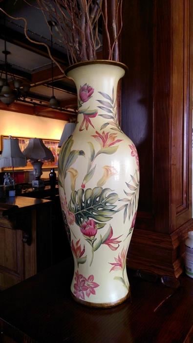 Pair 2'tall painted ceramic vases, 1 repaired, $100 pair