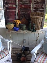 Vintage shutter, shabby chic wrought iron table and a collection of great porch decor