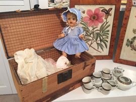 Vintage Ideal Betsy Wetsy doll, trunk, tea set and clothes