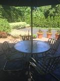 Round Patio Table with 4 chairs (cushions available) and umbrella (navy) with stand