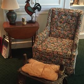 side chair, drop-leaf side table, "camel" chair/footstool