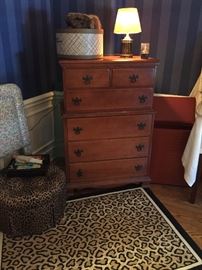 Dresser, leopard footstool and area rug, fur hat and more