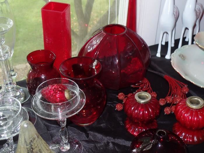 Red Glass vases and candlesticks 