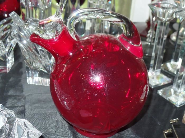Red glass pitcher or tea pot