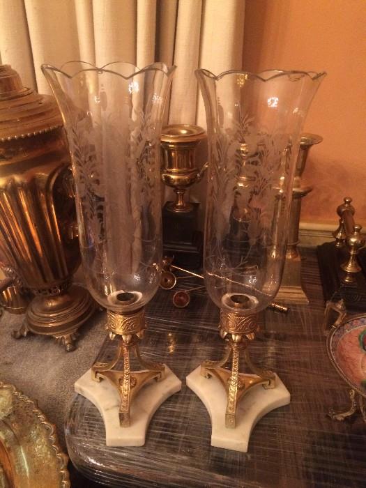 Candle holders with etched globes