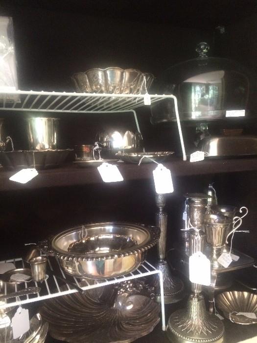 Large selection of silver plate serving pieces