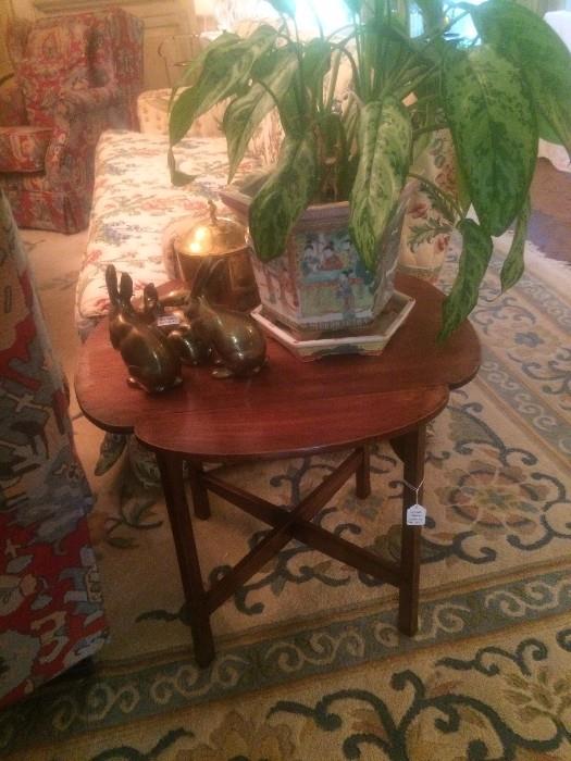 Small side table; brass accessories; one of several life plants/Asian planter
