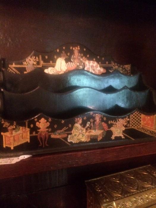 Black lacquered organizer/letter holder with Asian design