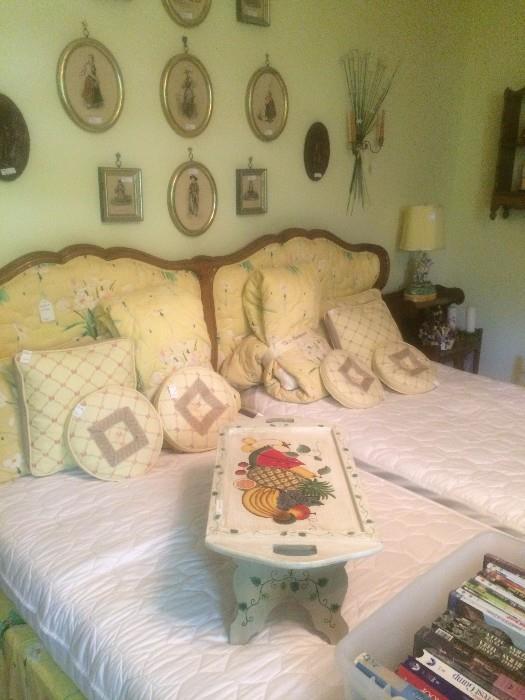 Twin beds used with a king headboard; hand-painted bed tray