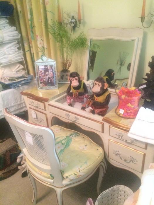 Vanity dresser and chair; vintage monkeys
