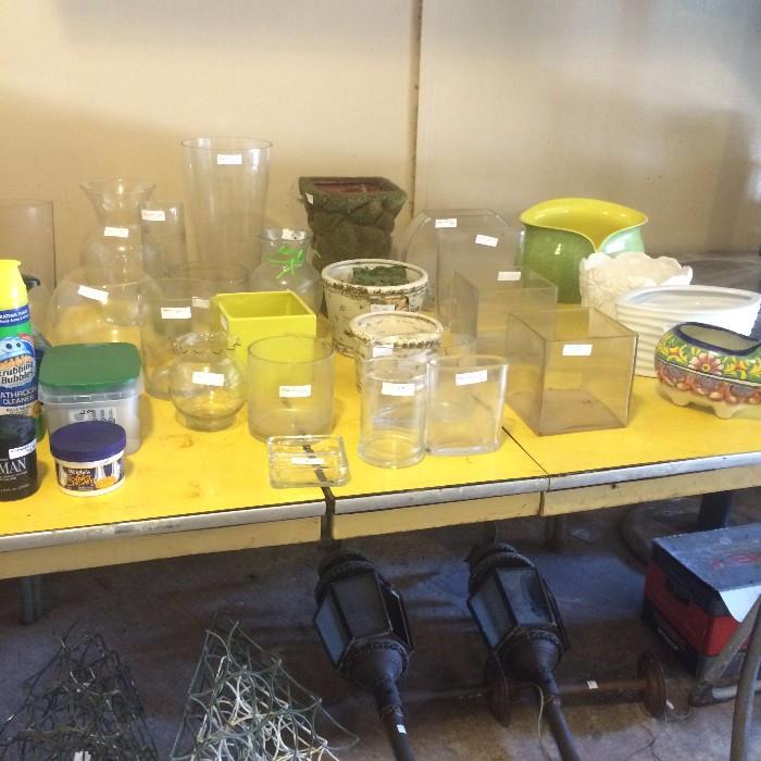 Vintage yellow kitchen table; pair of porch lanterns 