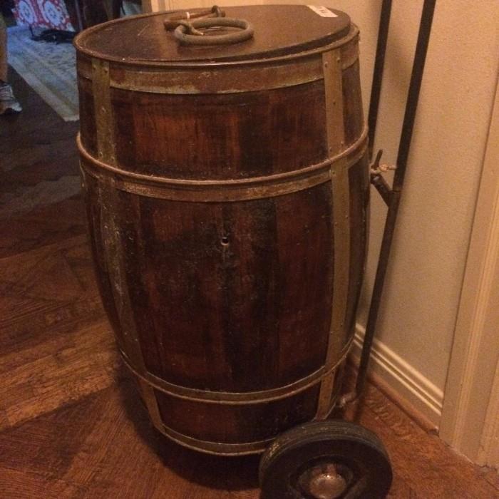 Antique wooden keg on wheels