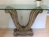 Elegant glass topped, gold gilt base Console Table; Design Center