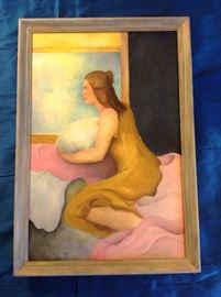 Oil on canvas.  Flowing haired lady gazing into the u know.      Framed in a beautiful blond framed painting.  