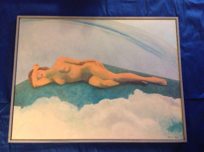Oil on canvas. Nude subject matter tastefully done with a floating frame. 
