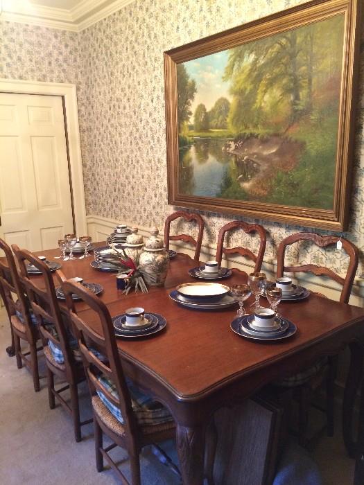 Dining table & 8 chairs (2 host chairs - next picture); framed oil painting