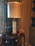 Two small side tables/plant stands; vintage lamp