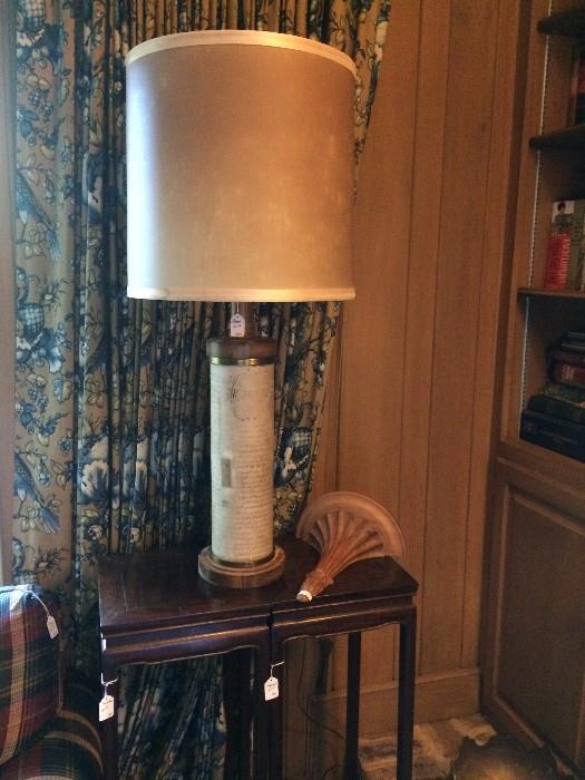 Two small side tables/plant stands; vintage lamp