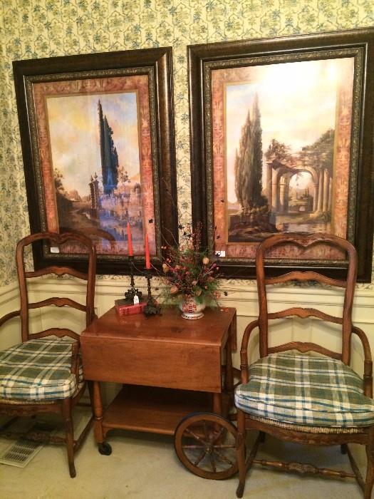 Host chairs to dining table; maple tea cart; large framed art