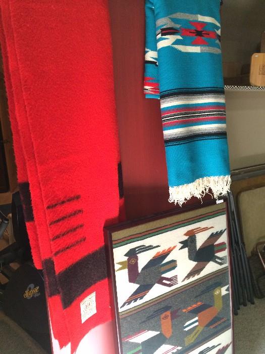 Hudson's Bay Point blanket - 100% wool; Mexican blanket; framed S. American blanket