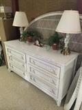White wicker king headboard and 6-drawer dresser from a Greenbriar Lake estate; matching vintage lamps