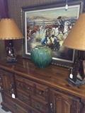 Dresser; Western art; cool cowboy style lamps; green pottery vase